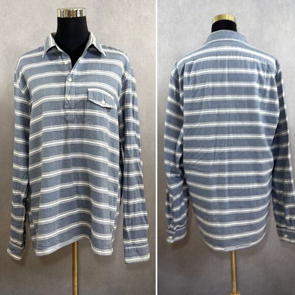 J. Crew Work Shirt | Blue White Striped Twill Rugby Camp Shirt | Size L - Picture 1 of 6